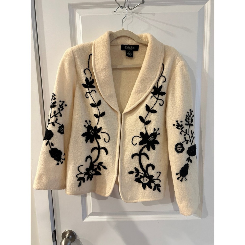 Women's Cream 100% Wool Embroidered Sweater Cardigan Blazer Jacket Sz M